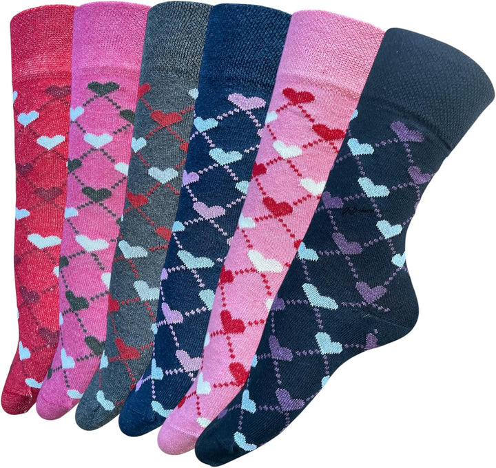 6 Pairs Ladies Loose-Top Non-Elastic Socks, (Pack of 6) COTTON, Bright Colours Diabetic Socks UK Size 4-7, EUR Size 37-42