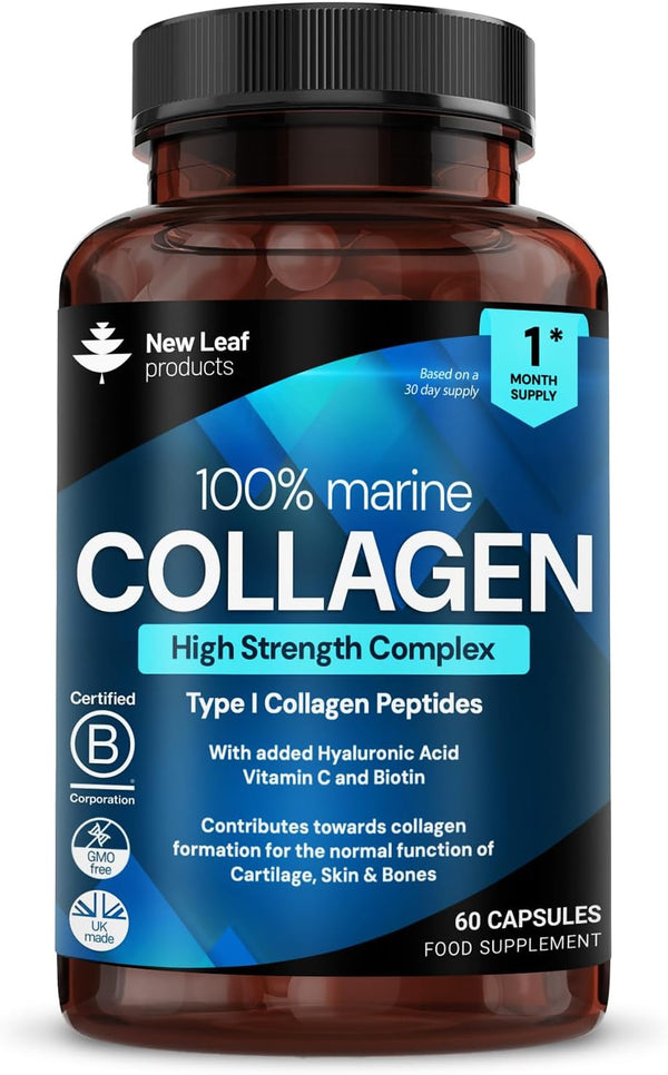 Pure Marine Collagen 100% Marine Collagen Type 1 Hydrolysed Collagen Peptides Enhanced with Hyaluronic Acid & Vitamin C -Essential Amino Acids - Collagen Supplements for Women and Men, 60 Capsules