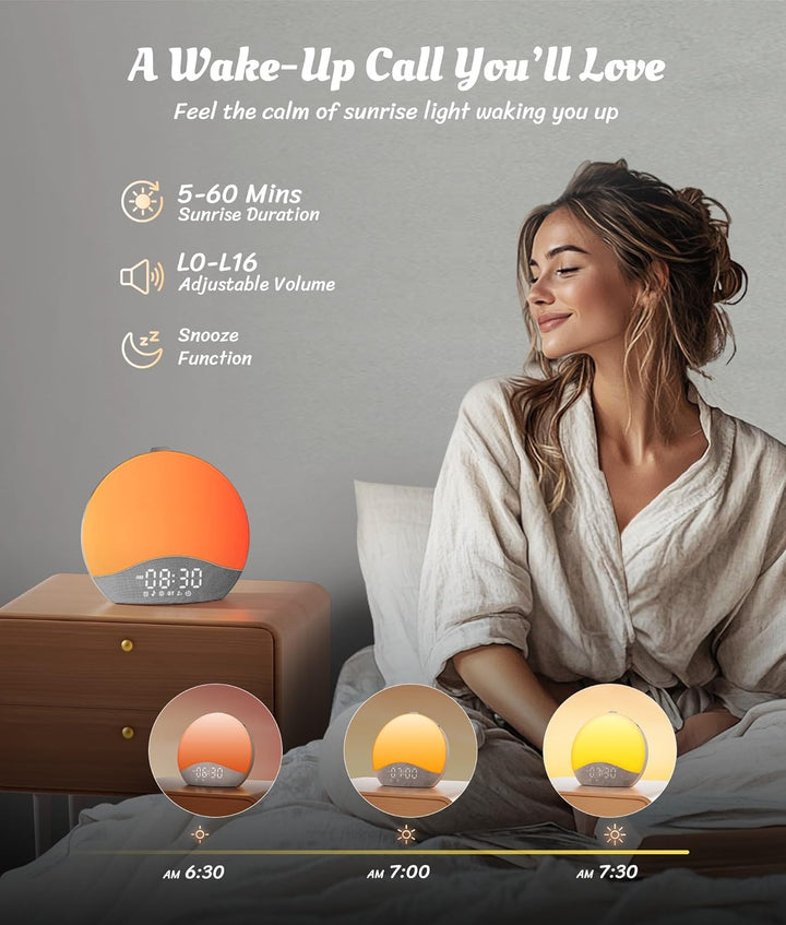 Sunrise Alarm Clock, White Noise Machine, Bluetooth Sync, 26 Sounds, 17 Night Lights, Upgraded Backlit Button, Sunrise/Sunset Simulation, Wake up Light for Heavy Sleeper, Elderly, Kid