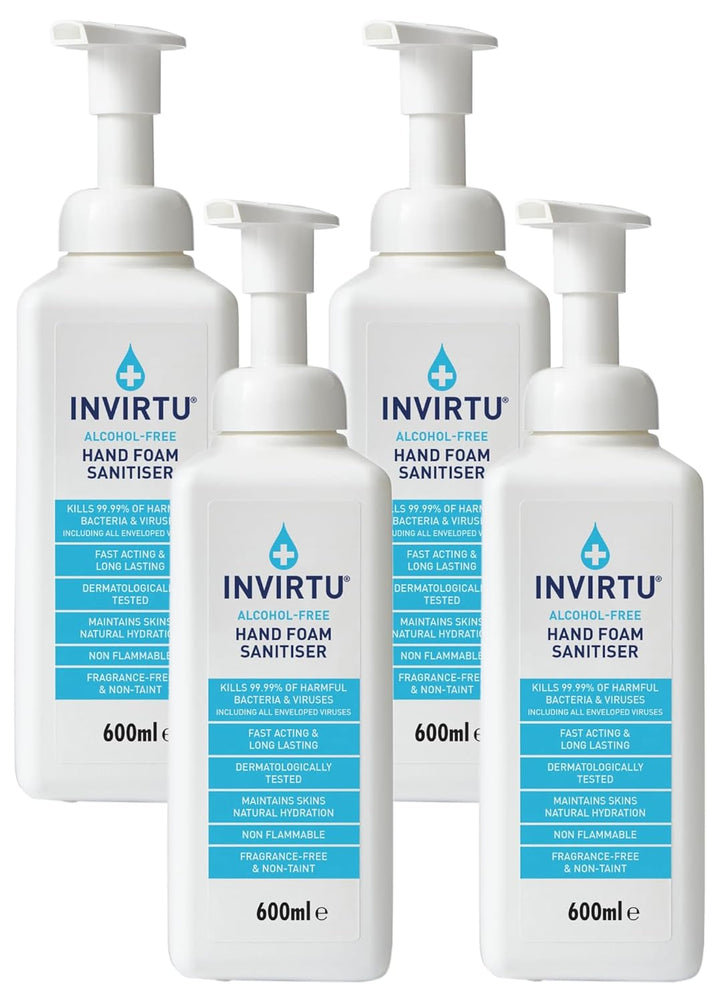INVIRTU Alcohol Free Antibacterial Hand Sanitiser Foam (600Ml) - Kills 99.9% of Bacteria & Viruses - Large Hand Sanitiser Pump for Home & Professional Use – Non-Scented Disinfectant - Kind to Skin