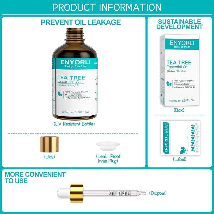 Tea Tree Essential Oil 100Ml Tea Tree Oil 100% Pure Organic for Aromatherapy Diffuser Acne Hair Scalp Nail Fungus Natural Skincare