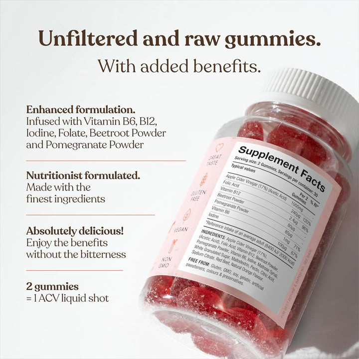 Apple Cider Vinegar Gummies with the Mother 1000Mg | Enhanced with Vitamin B12 & Folic Acid | 60 Vegan ACV Capsules with Pomegranate & Beetroot Powder | Natural Ingredients by