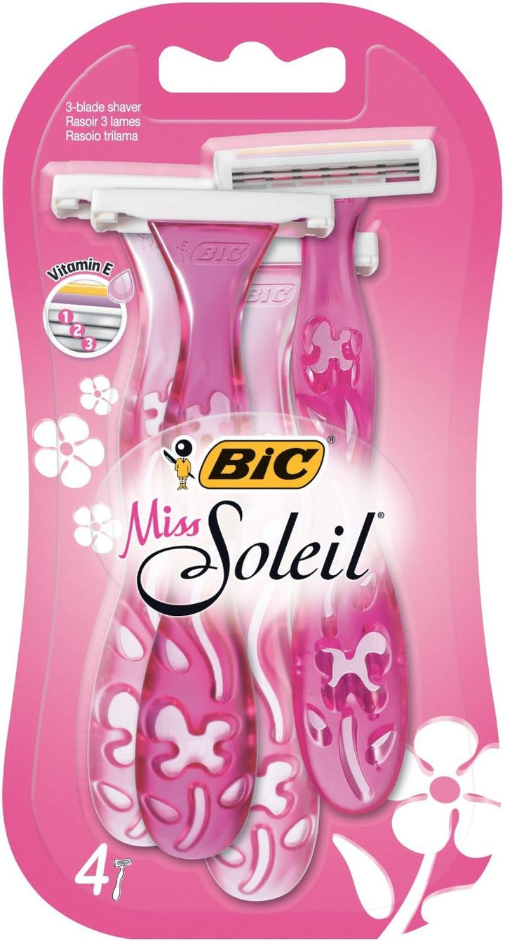 Miss Soleil Colour Collection Lady Razors, Triple-Blade Razors, Vitamin E Enriched Lubricating Strip - Pack of 4