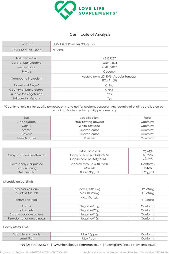 MCT Powder by LLS, 300G - 30 Servings, 100% from Coconuts, MCT Oil Powder High in Healthy Fats and Acacia Fibre, 0G Carbs, Perfect for Keto Diet, Completely Vegan, Lab Tested -