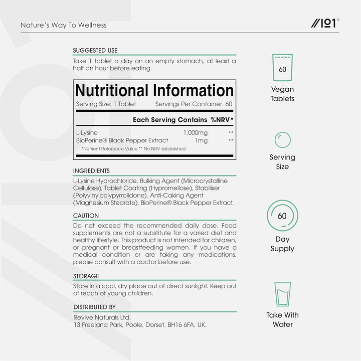 Fermented L-Lysine 1000Mg with Bioperine® - 60 Vegan Tablets - High Strength Amino Acid Supplement – Resealable and Recyclable Pouch by