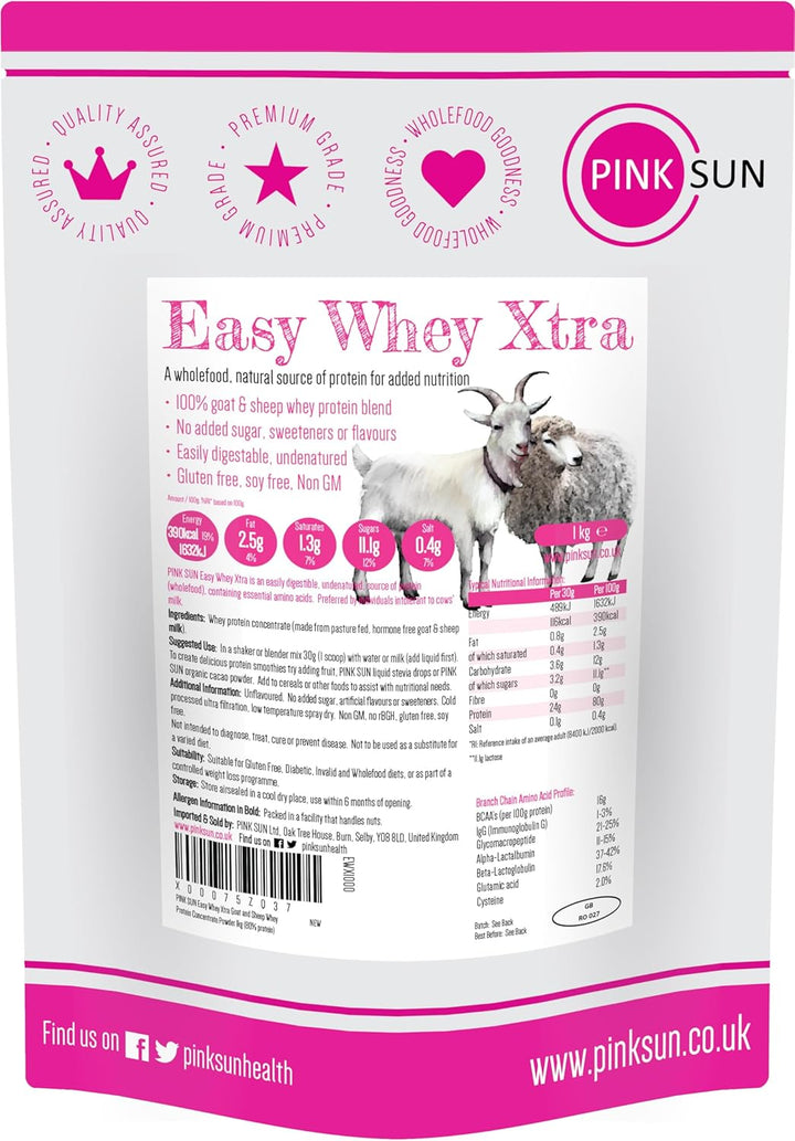 Goat Sheep Whey Protein Powder 1Kg (80% Protein) Pure Unflavoured Concentrate Soy Free Gluten Free Undenatured Non GM Easy Whey Xtra 1000G