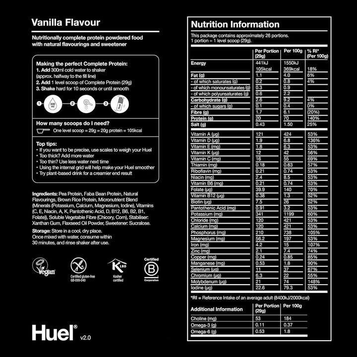 Complete Protein Powder, 26 Servings, Vanilla Flavour, 20G of Plant-Based Vegan Protein Powder per Serving, Ready Meals, Gluten-Free, No Soy, Naturally Flavoured Meal Replacement