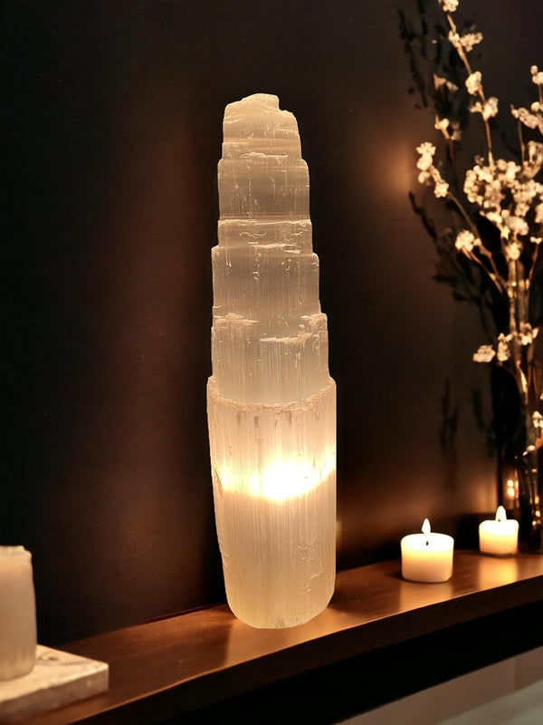 Selenite Crystal Lamp Handmade Natural White Selenite Tower Lamp Spiritual Healing Cleanse and Recharge Crystals Table Lamp Meditation Mineral Decoration Gift (30 Cm)