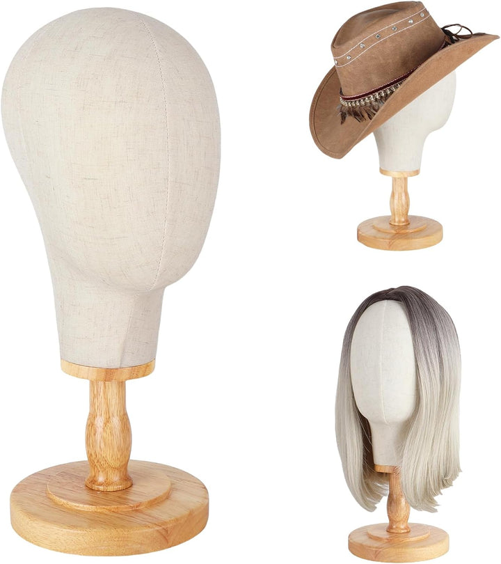 Canvas Wig Stand Mannequin Head for Hat Display, 21" Neutral Canvas Head with Detachable Wooden Base, Display Headdress Helmet Bridal Veil Wedding Headpiece Glasses Headdbands, Unpinnable