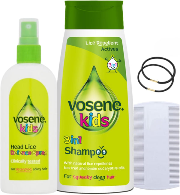 Vosene Kids Head Lice Repellent Treatment Bundle - Vosene Shampoo 3 in 1 250Ml & Conditioner Defence Spray 150Ml + 1 Nit Comb & 1 Hair Tie for Head Lice Treatment.