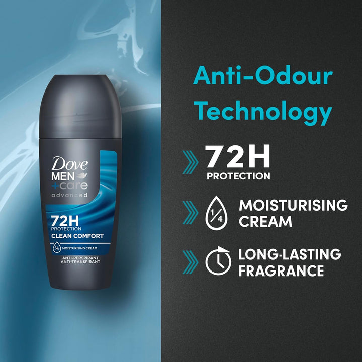 Dove Men+Care Advanced Clean Comfort Men'S Antiperspirant Deodorant Roll on with ¼ Moisturising Cream & Anti-Odour Technology for 72 Hour Protection against Sweat and Odour 50 Ml