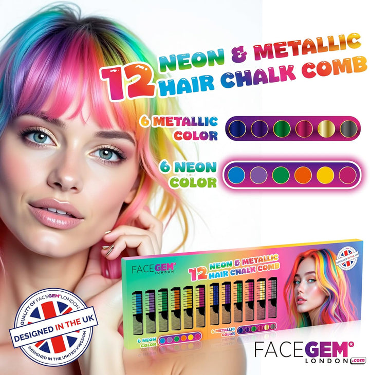 12 Hair Chalks Comb, 12 NEON & METALLIC Hair Chalk, Non-Toxic Easy Washable Hair Dye Colourful, METALLIC & NEON Hair Chalk -Perfect for Festivals, Halloween, Party, Hair Chalks for Girls