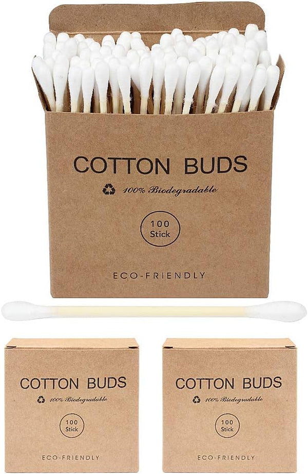 Bamboo Cotton Buds, 200 PCS (2 X 100) Eco-Friendly Cotton Ear Buds Swabs with Bamboo Handle - Recyclable and Biodegradable Cotton Swabs for Cleaning Ear Makeup Wound