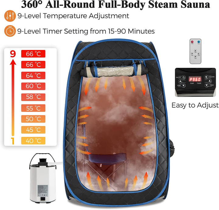 Portable Steam Sauna, Full Size Home Personal Sauna Tent with 3L 1000W Steamer, Remote Control, Folding Chair, Foot Massager Board, Foldable Full Body Steam Spa (Black)