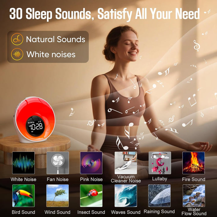 Wake up Light Sunrise Alarm Clock,White Noise Sound Machine with 30 Soothing Sounds,Timer,Sleep Aid,Snooze,Adjustable Brightness & Volume Lamp,Dual Digital Alarm Clocks for Heavy Sleepers Adults Kids