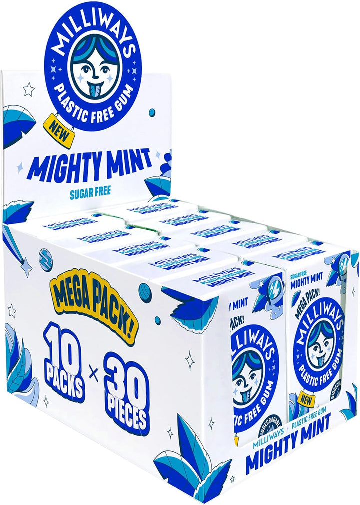 Mighty Mint Chewing Gum, Plastic Free, Sugar Free, Aspartame Free, Natural | 12 Packs of 10 Pieces (120 Pieces Total) | Xylitol, Plant-Based, Biodegradable