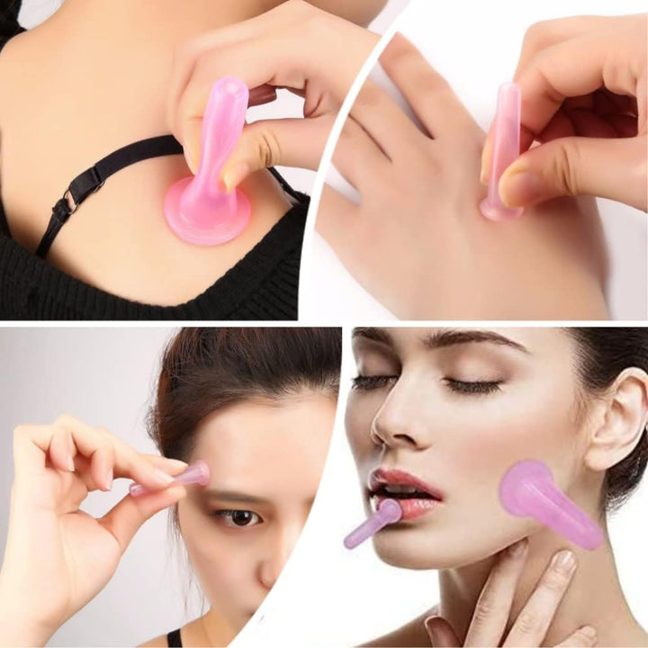 4 Pcs Silicone Facial Cupping Therapy Set Vacuum Massage Cup Kit Body Cupping Cup Set for Face Neck Back Eyes Massage Vacuum Cans Suction anti Cellulite Massager Health Care (Pink)