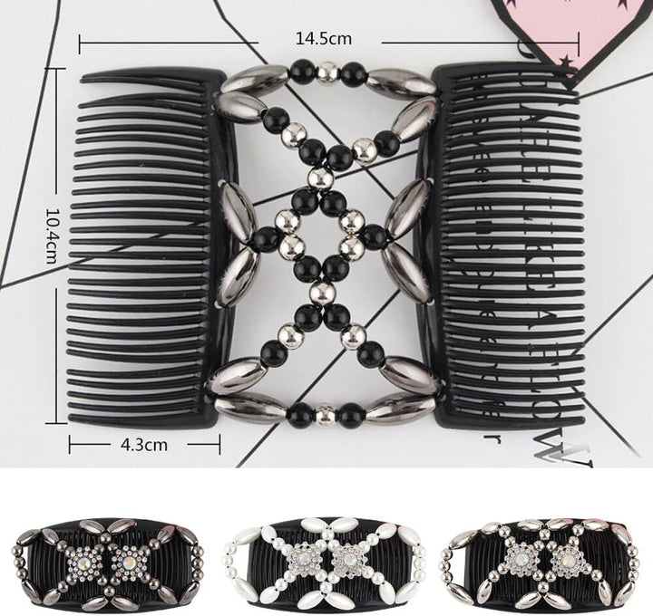 Double Clip Magic Elastic Beaded Hair Combs, 3PCS Double Sided Clips for DIY Hairstyling, Girls & Women Hair Accessories (Flowers)