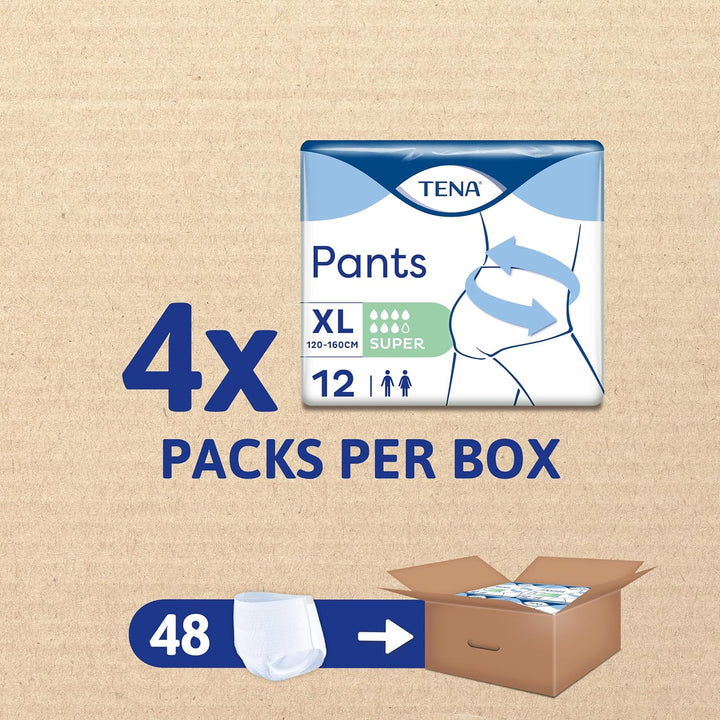 Pants Super, 48 Pairs, Unisex Incontinence Pants (4 X 12 Packs) for Women and Men with Heavy Bladder Weakness, Designed for Everyday Life with Triple Protection and Dual Absorption Zones, Size XL