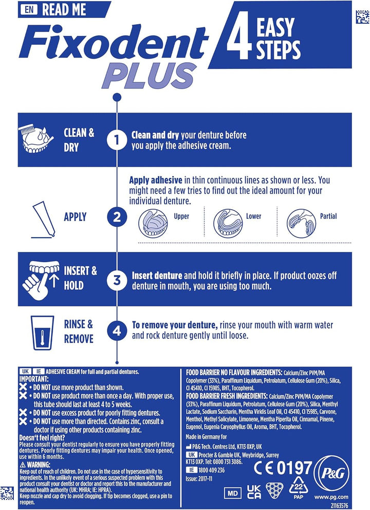 Fixodent plus Food Barrier Denture Adhesive, Fresh Flavour 40G X 3 Multipack