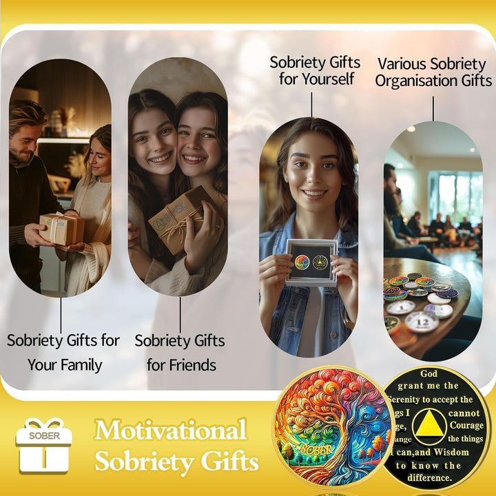 Tree of Life Sobriety Coin | AA Chip and Medallion with Serenity Prayer - Oil Painting Style Design, Celebrating Recovery Milestones, Beautiful Sobriety Gift for Men and Women