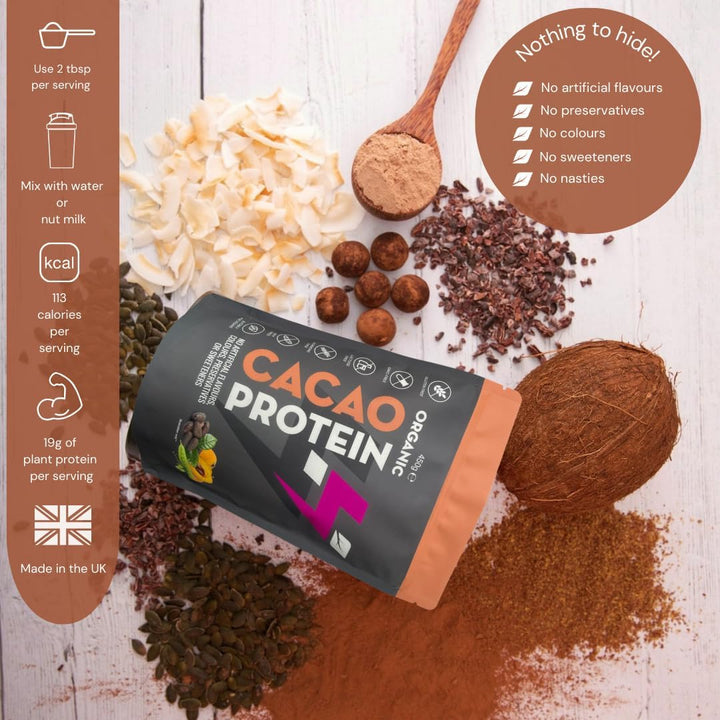 Organic Protein Powder - Cacao Vegan Protein Powder (450G - 15 Servings) Natural Powdered Ingredients, No Artificial Sweeteners, Dairy, Gluten, Soy Free, Pea Protein