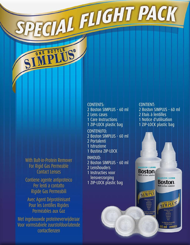 Simplus Travel Contact Lens Solution, 2X 60Ml Flight Pack Size, Multi-Action Solution for Rigid Gas Permeable Contact Lenses, Clean, Disinfect & Condition, 2X Lens Cases for Travel Convenience