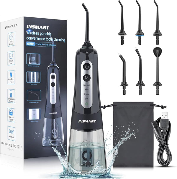 Cordless Water Dental Flosser Teeth Cleaner,  Professional 300ML Tank DIY Mode Rechargeable Dental Oral Irrigator for Home and Travel, IPX7 Waterproof 6 Modes Irrigate Oral Care (Black)