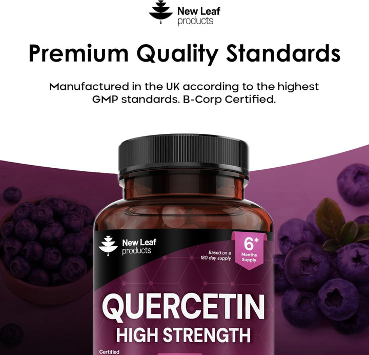 Quercetin 500Mg High Strength Antioxidant Supplements (6 Months Supply) 180 Vegan Pure Quercetin Capsules Easy to Swallow - One a Day - Gluten Free & Non-Gmo, Made in UK by New Leaf