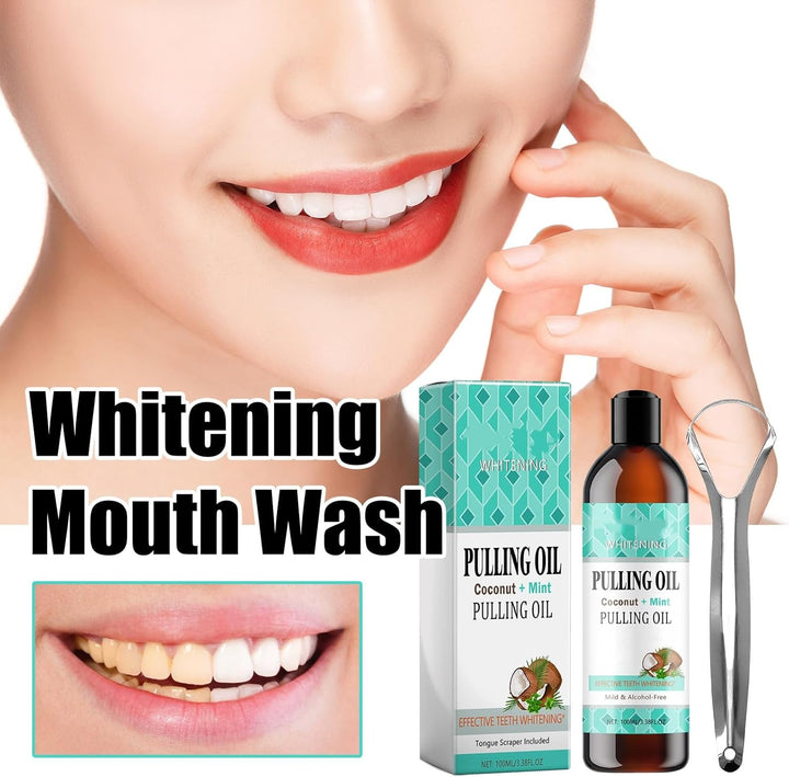 Coconut Mint Mouthwash - Whitens Teeth, Reduces Plaque and Bad Breath | Alcohol-Free, Includes Tongue Scraper | 100Ml Ayurvedic Oral Care Set