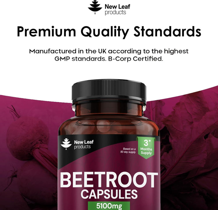 Beetroot Capsules 5100Mg - High Strength Beetroot Supplement 180 Vegan Capsules - Nitric Oxide - Enriched with Black Pepper Made in the UK by New Leaf
