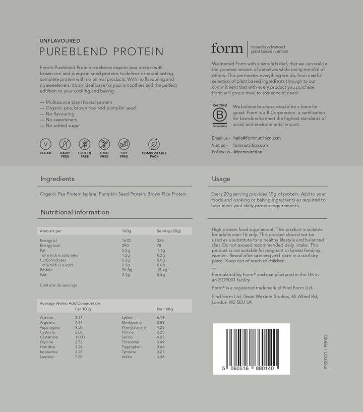 Pureblend Protein - Unflavoured and Unsweetened Vegan Protein Powder - 15G of Plant Based Protein per Serving. Perfect for Your Smoothies, Cooking and Baking.