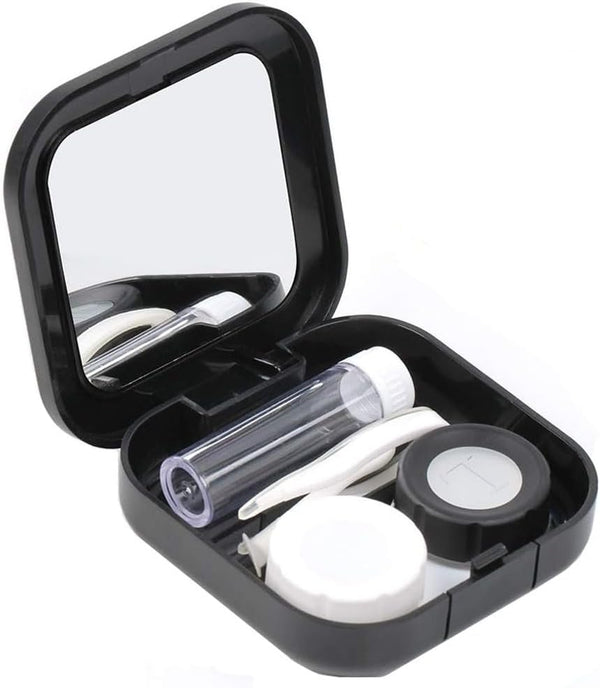Contact Lens Case with Mirror - Contact Lens Box Holder Container, Outdoor Mini Contact Lens Soak Storage Kit with L and R Caps for Travel & Home (Black)