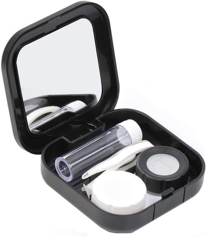Contact Lens Case with Mirror - Contact Lens Box Holder Container, Outdoor Mini Contact Lens Soak Storage Kit with L and R Caps for Travel & Home (Black)