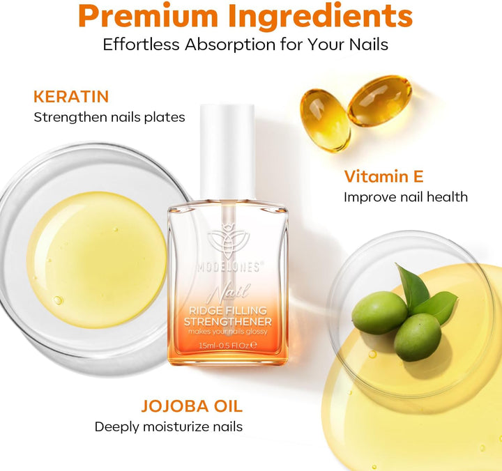 Nail Care 8 in One Ridge Filling Strengthener Treatment, Nail Polish Strengthener for Damaged and Weak Nails, Nail Hardener Extra Strong and Growth Smoothing Base Coat Clear Varnish 15Ml