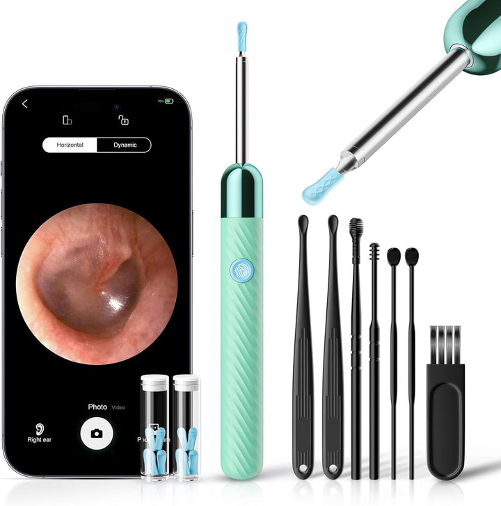 Ear Wax Removal - Earwax Remover Tool with 7 Pcs Ear Set - Ear Cleaner 1080P HD Ear Scope - Camera with 6 Led Lights - Ear Cleaning Kit with 11 Ear Spoon - Ear Camera for Ios & Android（Glossy Black）