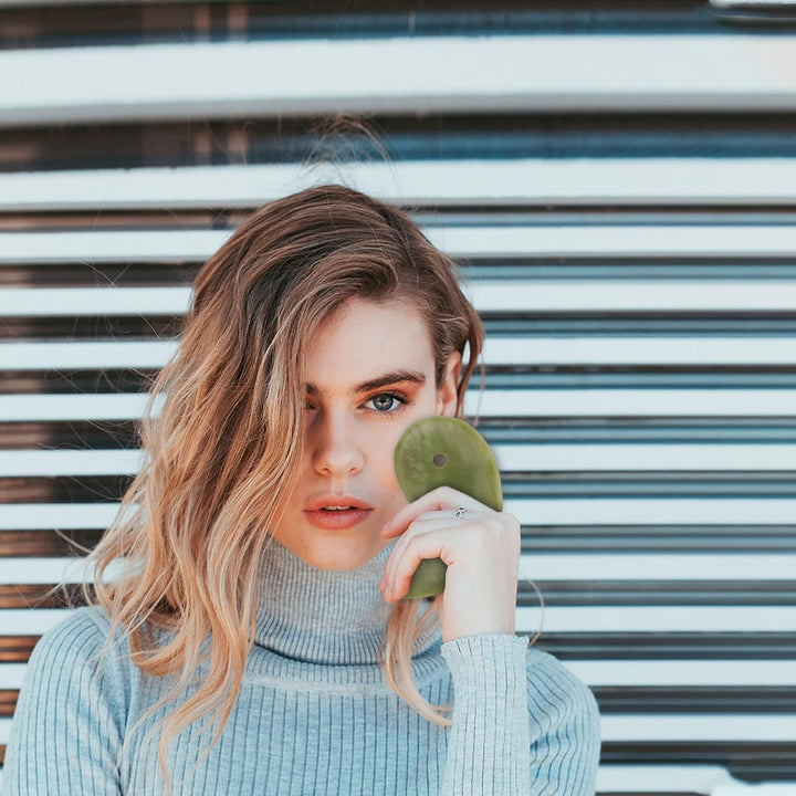 Natural Jade Gua Sha Board 2PCS (5.8X3.4Cm 11.3X3.2Cm) Facial Massage Scraping Tool for Face and Neck Puffiness Reduction and Muscle Tension Relief