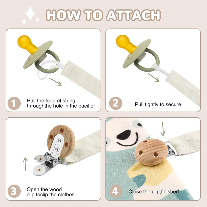 4Pcs Dummy Clip Cotton Fabric Clips for Baby, Mam Soother Chain Holder Straps Teething Baby Teething Toys Fits All Pacifiers