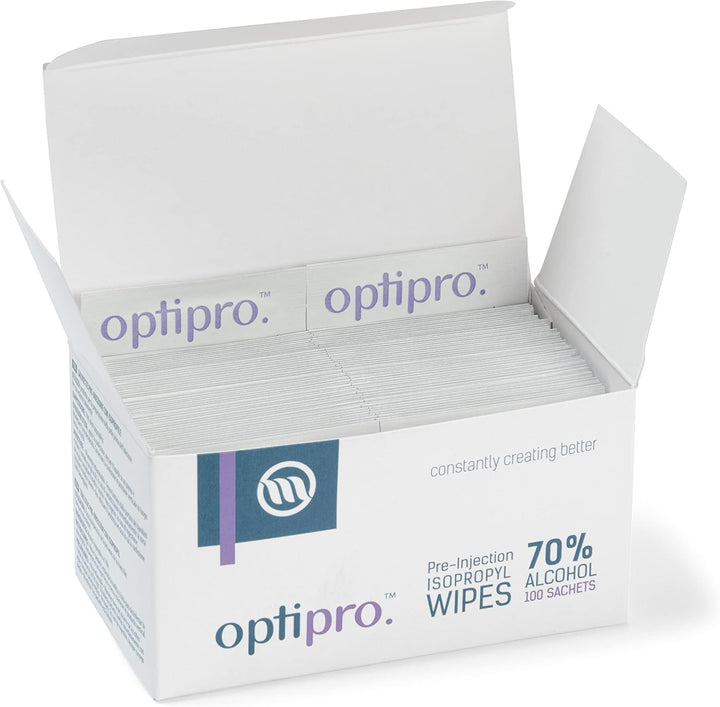 Optipro Pre-Injection Wipes (X100) - Individually Wrapped Disposable Medical Skin Cleaning Easy-Tear 70% Isopropyl Alcohol Sachet (100 Wipes) (Packaging May Vary) (100 Wipes)