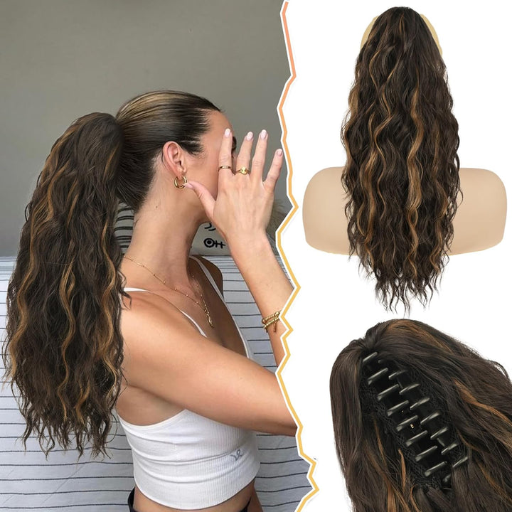Ponytail Extension, Black Hair Claw Clip in Extensions Long Curly Wavy Hairpieces Drawstring for Natural Soft Synthetic Daily Use Party (18'', Black), 18 Inch