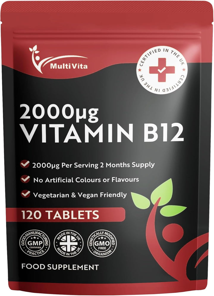 Vitamin B12 Tablets 2000Mcg – High Strength Methylcobalamin Form – 120 Vegan Tablets Not Capsules, 2 Months Supply – Bioavailable & Easy to Swallow – UK Made Non-Gmo, Gluten-Free, Dairy-Free