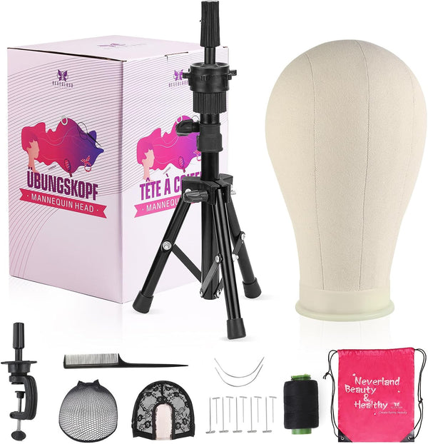 23 Inch Wig Head Stand Tripod, with Canvas Mannequin Heads for Wigs, Manikin Canvas Head Block Set for Making Display with T Pins Set Bristle Brush