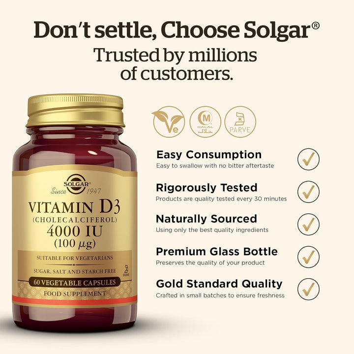 Vitamin D3 4000 IU (100 Μg) Vegetable Capsules - 60 Count (Pack of 1) - Cholecalciferol - Keeps Bones and Teeth Healthy - Supports Muscle Function & Immunity - Vegetarian