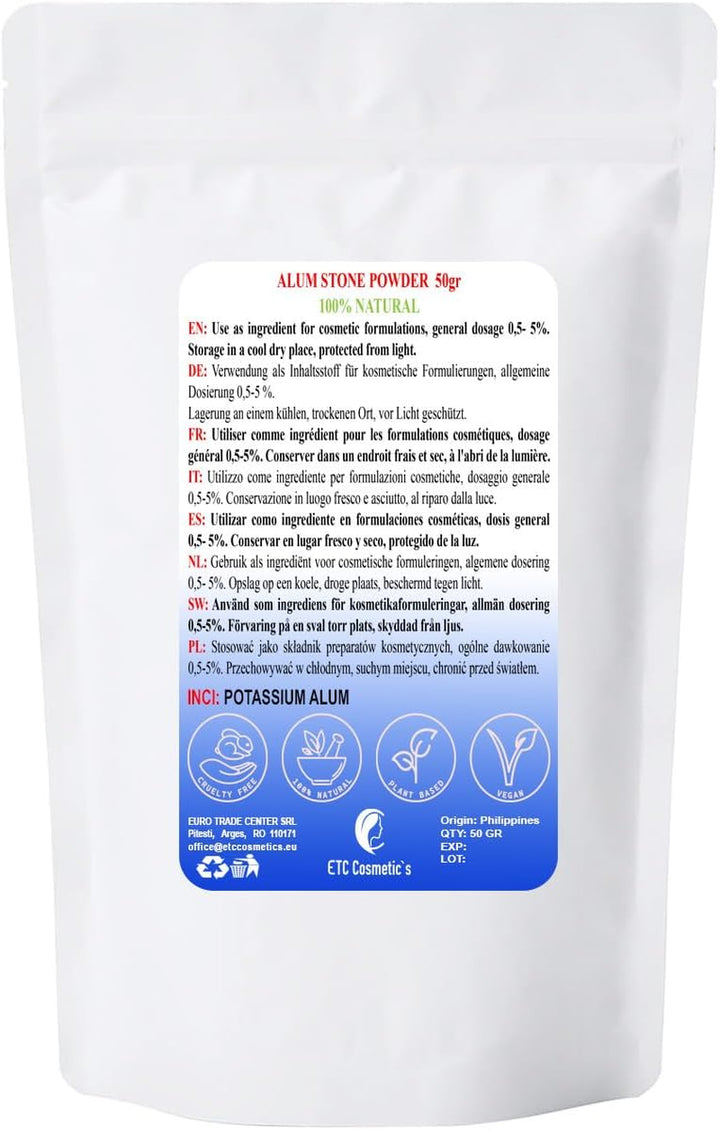 Alum Powder (Potassium Alum) – 50 Gr - 100% Natural | Ideal for Formulating Deodorants, Body Care and Aftershave Products.