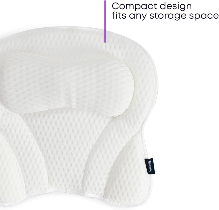 Bath Pillow with 6 Suction Cup and Air Mesh Technology, Ergonomic Design Helps Support Head and Neck, Non-Slip (White)