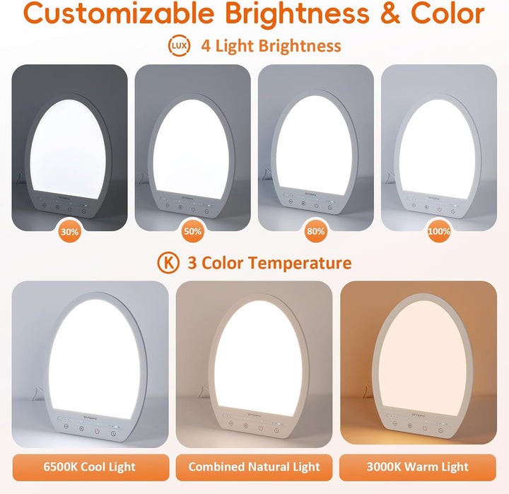 SAD Therapy Light - 10000 Lux Daylight with 3 Colors, 4 Brightness Levels, Timers for Seasonal Affective Disorder, Depression, Winter Home Office