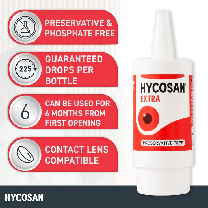 Hycosan Extra - Eye Drops with Hyaluronic Acid for Soothing Relief of Severe and Persistent Dry Eyes - Contact Lens Compatible - Preservative Free - 3 X 225 Measured Doses