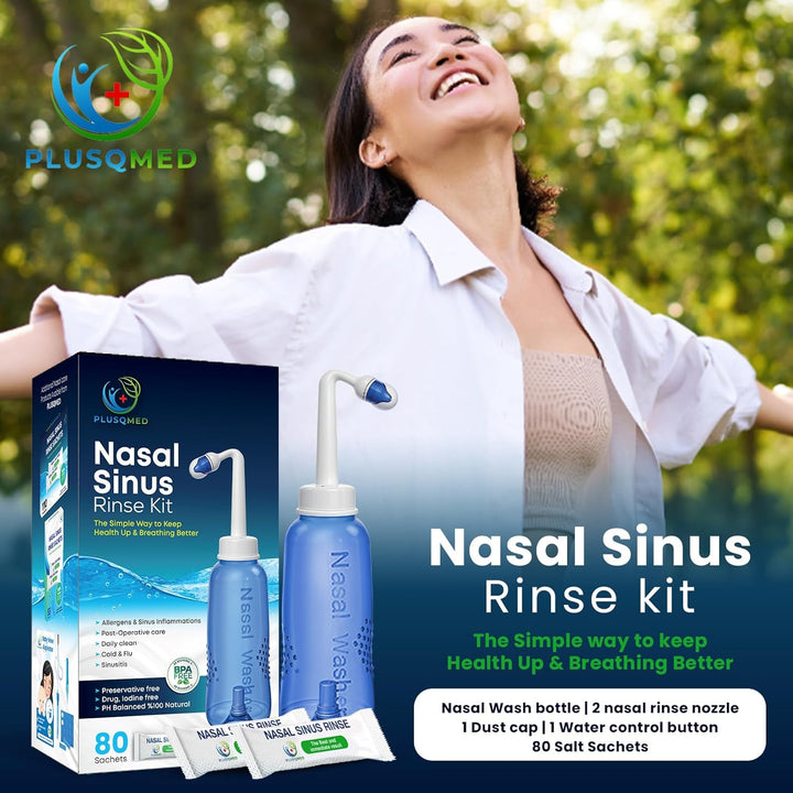 Nasal Rinse Kit – 300Ml Neti Pot Bottle + 80 Saline Packets – Sinus Rinse System for Adults & Kids – Natural, Drug-Free, PH Balanced Nasal Wash for Allergy & Cold Relief