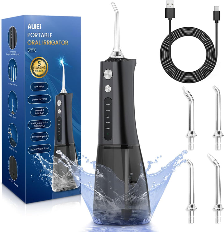 Water Flosser for Teeth Cordless, Professional Oral Irrigator 5 Modes & 4 Jet Tips USB-C Rechargeable Teeth Cleaner Portable 300ML Dental Tooth Care Tool Kits Home Use Travel (Black)