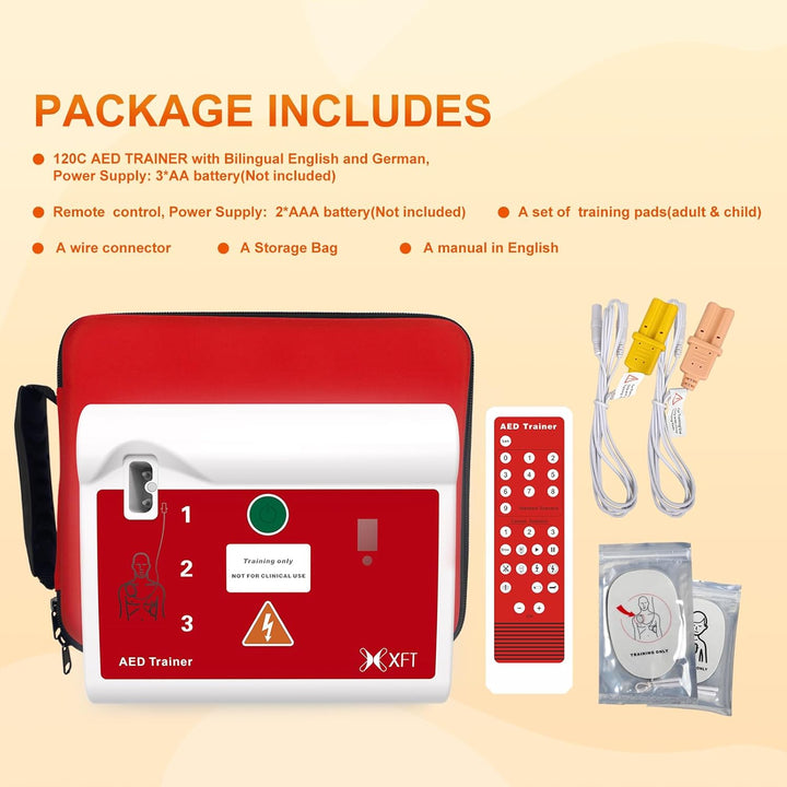 AED Trainer, Portable Defibrillator Trainer Set CPR Training Device with Remote Control, English and German Voice Prompts, 10 Different Scenarios, First Aid Defibrillator Trainee Beginner ( 120C)